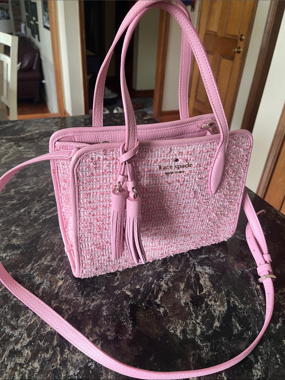 kate spade Pink Tweed Shoulder Bag with Tassels